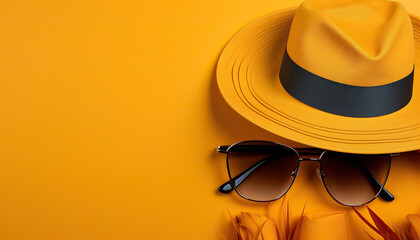 Sunglasses With Hat On Yellow Background - obrazy, fototapety, plakaty