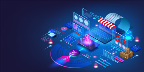Digital store. Virtual shopping. Ecommerce background. Laptop and phone. Isometric smart 3D card. Online payment in smartphone. Business commerce. Hologram infographic. Vector poster