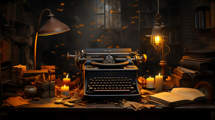 an old typewriter set on a wooden desk with a backdrop of a dimly lit room  - obrazy, fototapety, plakaty