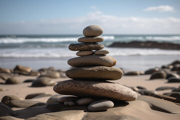 A pile of smooth stones carefully stacked on a pebbly beach