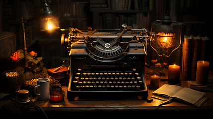 an old typewriter set on a wooden desk with a backdrop of a dimly lit room 