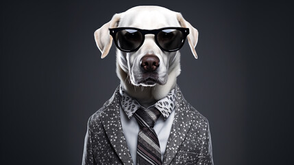 Labrador Retriever dog wearing funky fashion dress and glasses. Dog posing as model