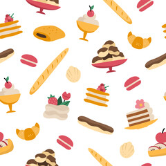 French dessert vector seamless pattern. Repeat background with baguette, croissant, eclair, cookie, cakes. Cute bakery of France digital paper with pies, mousse, macaroon, chocolate bun .