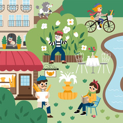 Vector Paris landscape illustration. French capital city scene with people, animals, sights, traditional building, bakery. Cute France square background with river, park, mime, man, baguette.