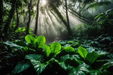 Large green leaves in tropical rainforest, plant growth and environmental protection concept, wet jungle