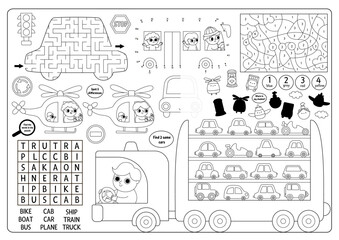 Vector transportation placemat. Transport line printable activity mat with maze, word search puzzle, shadow match, find difference. Black and white play mat, menu, coloring page with cars.