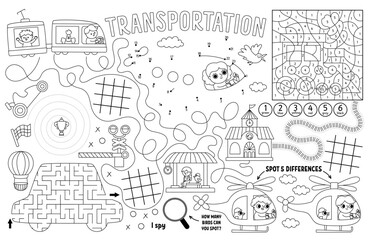 Vector transportation placemat for kids. Transport printable activity mat with maze, tic tac toe chart, connect the dots, find difference. Black and white play mat, coloring page with car, train