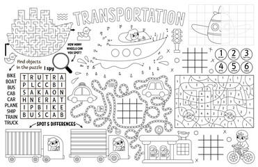 Vector transportation placemat for kids. Transport printable activity mat with maze, tic tac toe chart, connect the dots, find difference. Black and white play mat, coloring page with car, train - obrazy, fototapety, plakaty