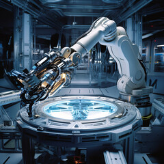 A Glimpse into Future Tech  Robotic Arm Cradling a Super Computer Processor with Astute Precision and Sophisticated Engineering - obrazy, fototapety, plakaty