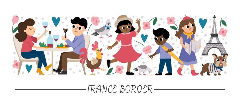 Vector horizontal border set with French people. France card template design with cute characters. Funny border with woman and man eating, boy feeding pigeon, girl with map, Eiffel tower.