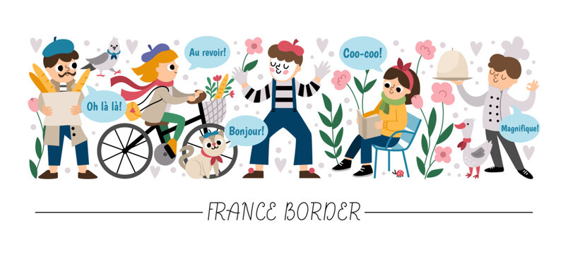Vector horizontal border set with French people. France card template design with cute characters. Funny border with cook, mime, woman riding a bike, reading a book, man with baguette.