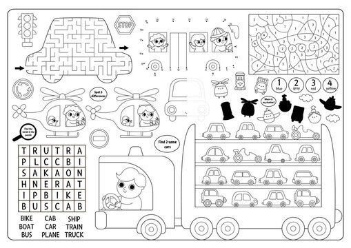 Vector transportation placemat. Transport line printable activity mat with maze, word search puzzle, shadow match, find difference. Black and white play mat, menu, coloring page with cars.