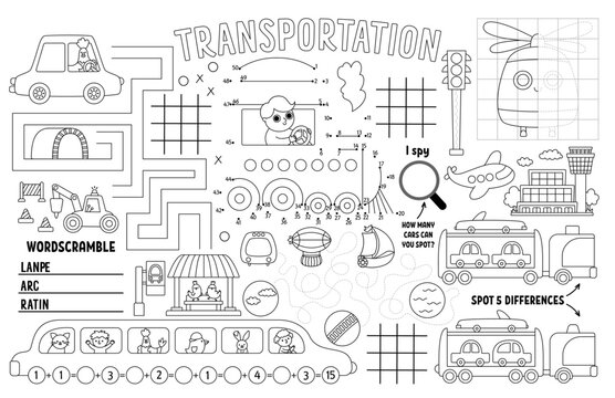 Vector transportation placemat for kids. Transport printable activity mat with maze, tic tac toe chart, connect the dots, find difference. Black and white play mat, coloring page with car, train