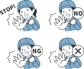 STOP・NO・NG・バツを表現した女性作業員の警告イラストセット