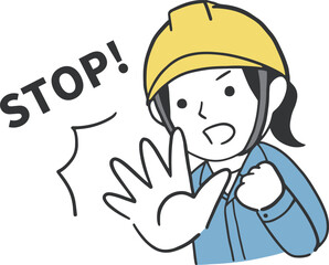 手の平でSTOPをする女性作業員のイラスト素材