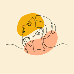Girl's face from the side holding her chin with hand. Modern minimalist continuous line art portrait. For Business Fashion prints. Beauty salon art print. Concept Vector Illustration