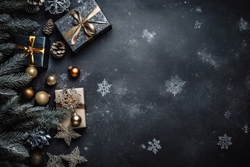 Fototapeta premium Elegant merry christmas decor. Black and gold festive frame. Wintertime magic. Greeting card. Table setting. Vintage xmas composition