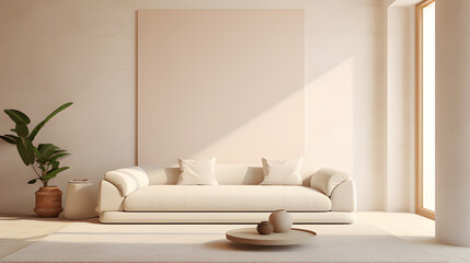 Fototapeta na wymiar Modern interior japandi style. 3d render illustration. Living room mockup with white sofa intron of white wall.