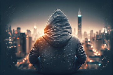person in a hoodie thinking sitting blurred city background chaotic background movement in background detailed high fidelity rendition 