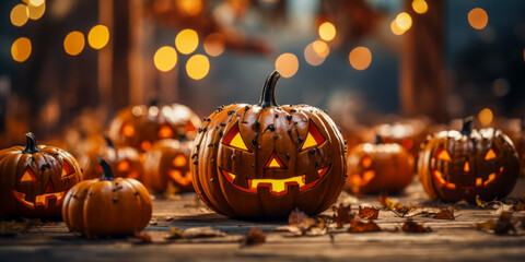 Halloween pumpkin head jack o lantern on wooden floor
