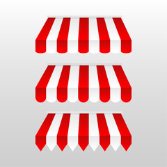 Red and white sunshade. Outdoor awnings for cafe and shop window vector set. Tent sunshade for market, stripe summer scallop for store illustration