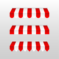 Red and white sunshade. Outdoor awnings for cafe and shop window vector set. Tent sunshade for market, stripe summer scallop for store illustration