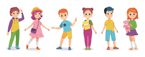 Young children. Student characters, boys and girls study, education in kindergarten and school, teen group, teenagers jumping, standing and waving hands. Vector cartoon flat illustration