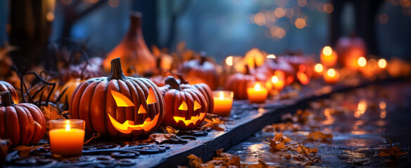 Halloween pumpkins with candles. Halloween background.