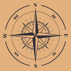 Compass. Wind rose with north orientation, sea navigational equipment antique logo. Cartographic and geographic contour sign. Black silhouette of vintage nautical vector illustration