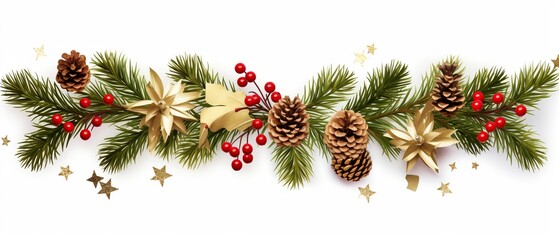 Joyful Holiday Garland: Festive Fir Branches with Gold Stars, Cones, and Red Berries on White