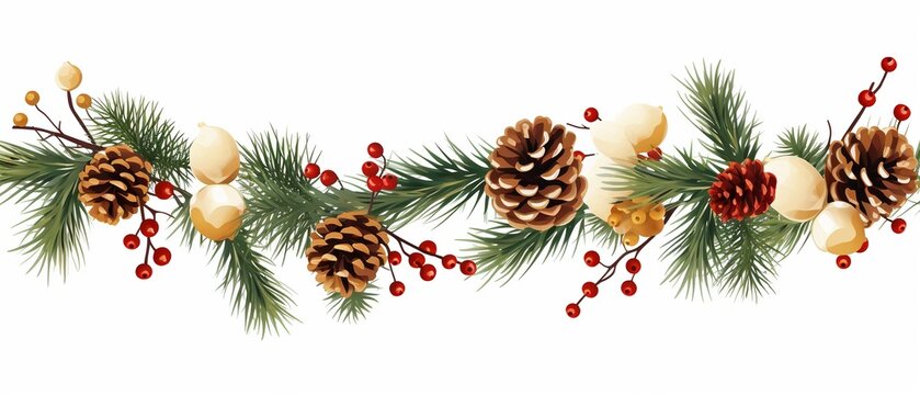 Joyful Holiday Garland: Festive Fir Branches with Gold Stars, Cones, and Red Berries on White
