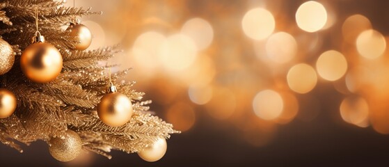 Obraz na płótnie Canvas Golden Glow: Close-up of Christmas Tree with Sparkling Baubles