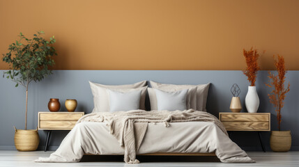 Modern bedroom interior design with pastel orange and grey wall and two bedside tables. 3D render.