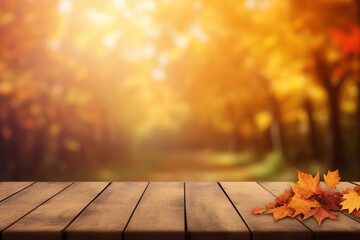 Naklejka na ściany i meble Autumn Mockup: Wooden Planks and a Vibrant Orange Leaf in a Picturesque Park