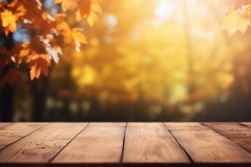 Autumn Mockup: Wooden Planks and a Vibrant Orange Leaf in a Picturesque Park