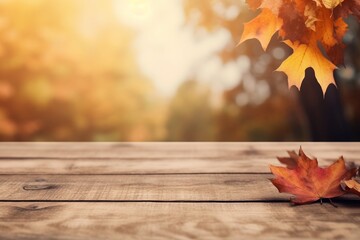 Naklejka na ściany i meble Autumn Mockup: Wooden Planks and a Vibrant Orange Leaf in a Picturesque Park