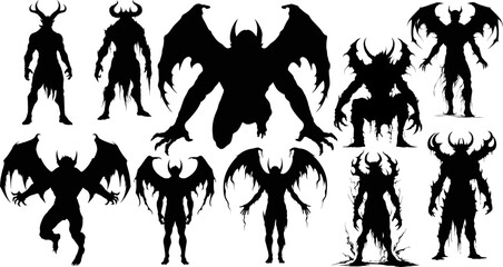 Silhouette devil in the human body. Men spirit with bat wing in different posture. Illustration about ghost and fantasy for Halloween theme. AI generated illustration - obrazy, fototapety, plakaty