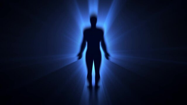 Human being or individuality or personality psychologic concept with abstract human body silhouette surrounded bright blue rays on black background. Loop animation of light burst auras around a man