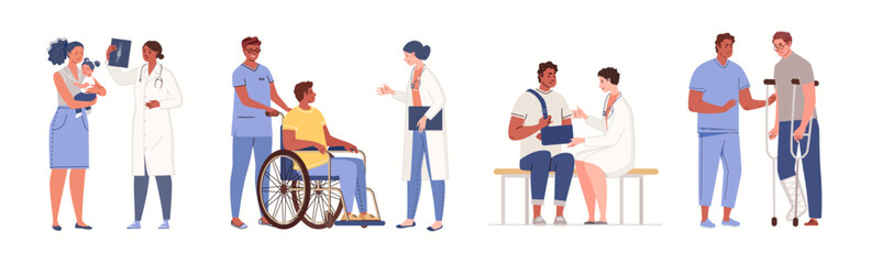 Set of illustrations of trauma doctors and patients. Traumatology medical staff, surgeon, nurse, therapist, orthopedist and other specialists. First aid. Flat cartoon vector characters.
