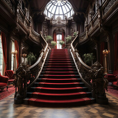 Obraz premium Luxurious Ascent: A Grand Staircase in a Majestic Room,red carpet entrance