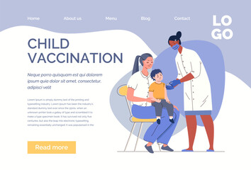 Mother holds her young son on her lap while doctor administers coronavirus vaccine. Scheduled vaccination of children. Vector characters flat cartoon illustration. Web template, landing page, website.