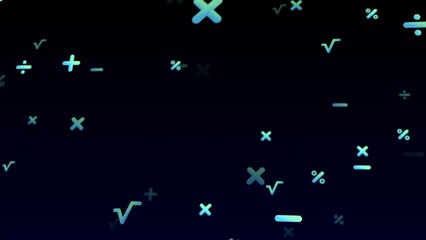 Background with flying math symbols multiplication subtraction division and plus, plus minus divide multiply in neon style, place for text. Concept for education, school, university, math college