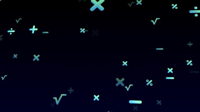 Background with flying math symbols multiplication subtraction division and plus, plus minus divide multiply in neon style, place for text. Concept for education, school, university, math college