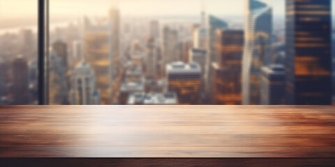 Fototapeta premium empty wooden table with blurred city view on background ,space for product.