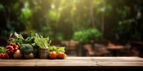 empty wooden table with blurred  vegetables garden view on background ,space for product. - obrazy, fototapety, plakaty