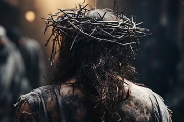 Viewed from behind, Christ, wearing a crown of thorns, embarks on the poignant journey to Calvary, symbolizing sacrifice, redemption, and eternal love amidst an atmosphere of solemn reverence.