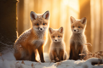 Fototapeta premium Cute fluffy red mama fox and baby fox in snowy winter forest on sunny evening. Wild animals in nature.