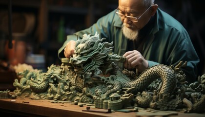 A craftsman carves a Chinese cultural dragon from wood as a sign of the New Year. - obrazy, fototapety, plakaty