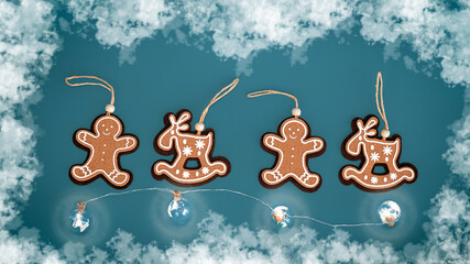 Christmas decorations in the form of gingerbread cookies on a blue background with snow. Christmas...