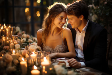 Happy young bride and groom sitting by beautifully decorated wedding table. Wedding reception with flowers and candles. Wedding portrait of newlyweds in love.